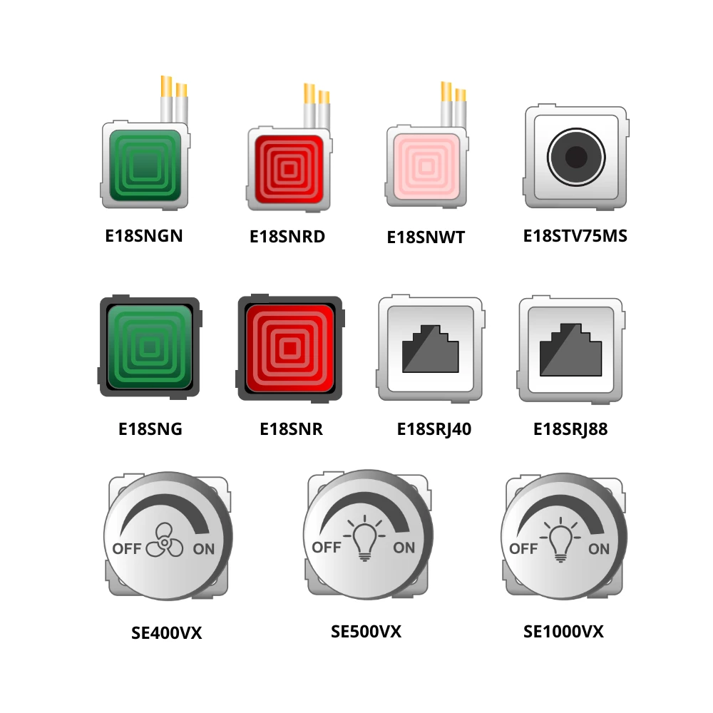 Hạt phụ kiện vuông thiết bị điện cho dòng E18S & V20 mã E18SNGN / E18SNRD / E18SNWT / E18SNG / E18SNR / E18STV75MS / E18SRJ40 / E18SRJ88 / SE400VX / SE500VX / SE1000VX