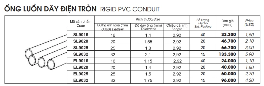 Ống luồn dây điện tròn trơn LiOA mã SL