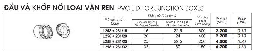 Đầu và khớp nối loại vặn ren LiOA