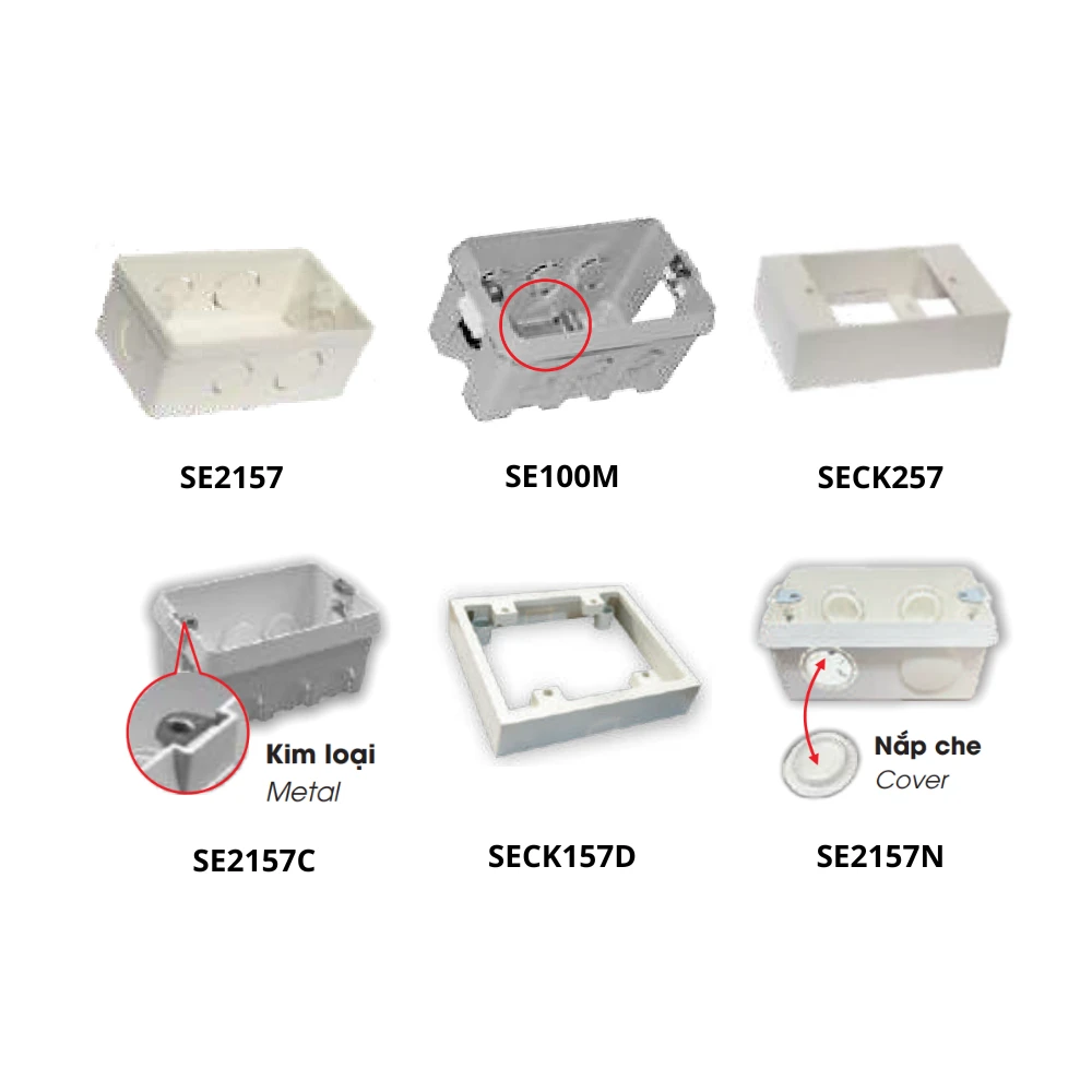 Đế âm tường và đế nổi cho dòng mặt chữ nhật E18, E18S mã SE2157/ SE100M/ SE2157C/ SE2157N/ SECK257/ SECK157D