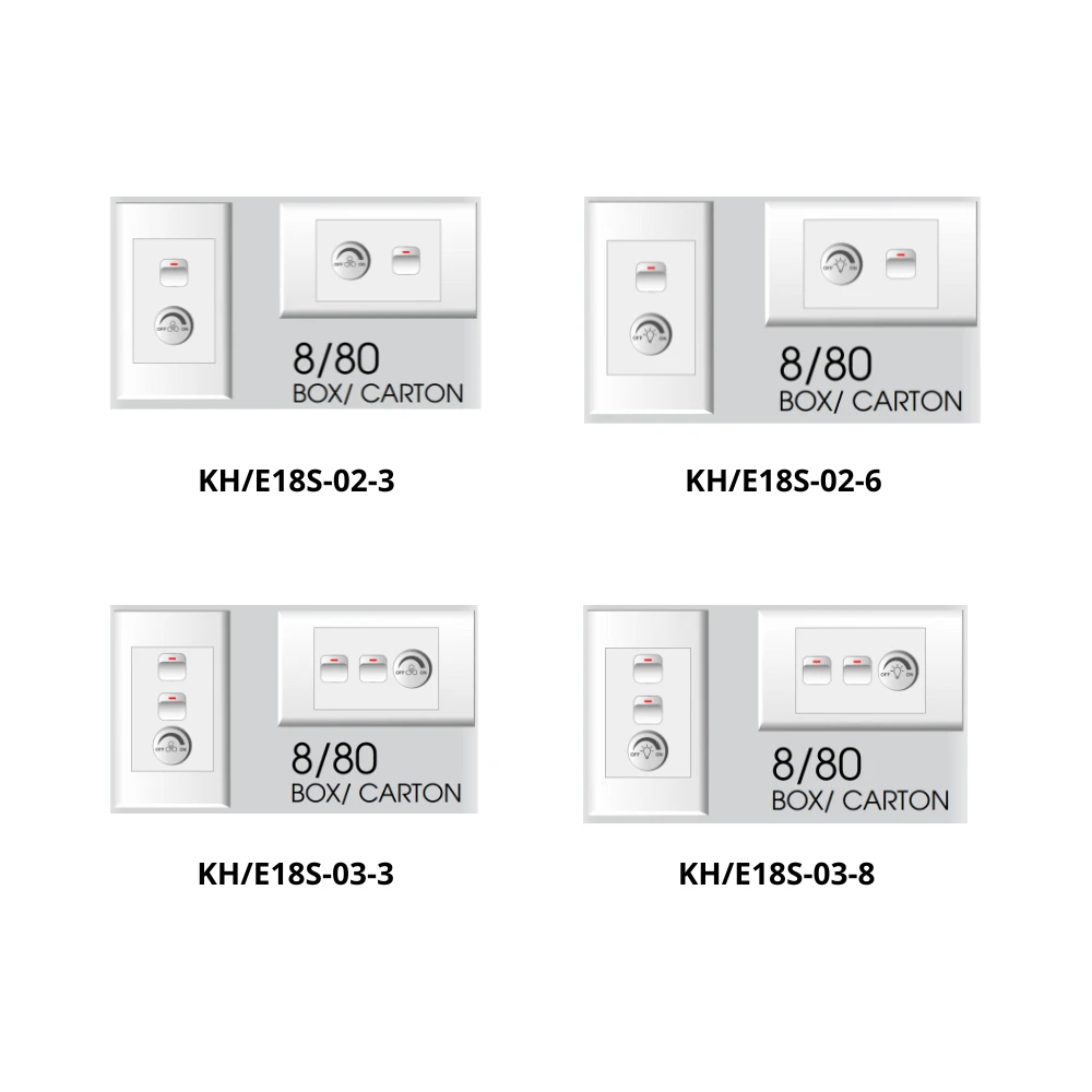 Thiết bị điện có công tắc kết hợp chiết áp lắp sẵn dòng E18S mã KH/E18S-02-3 / KH/E18S-02-6 / KH/E18S-03-3 / KH/E18S-03-8