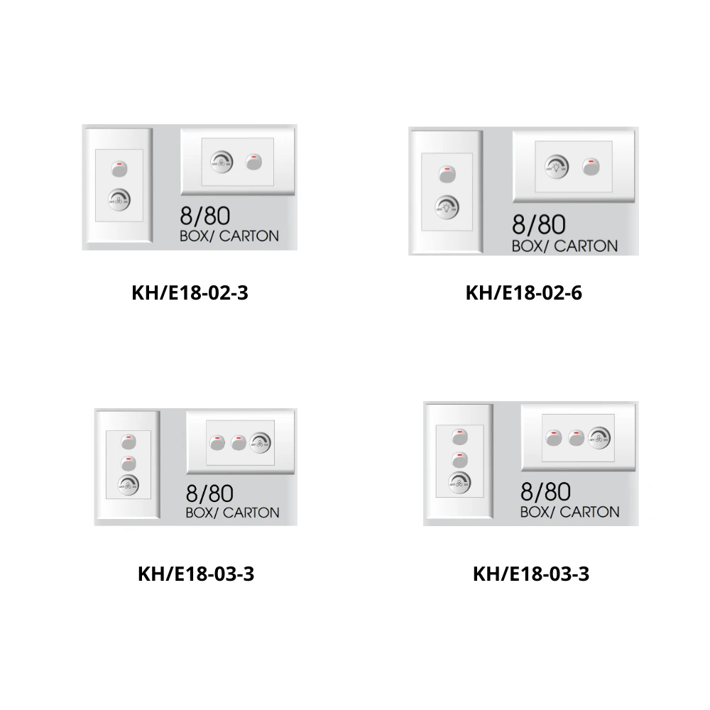 Thiết bị điện có công tắc kết hợp chiết áp lắp sẵn dòng E18 mã KH/E18-02-3/ KH/E18-02-6/ KH/E18-03-3/ KH/E18-03-8